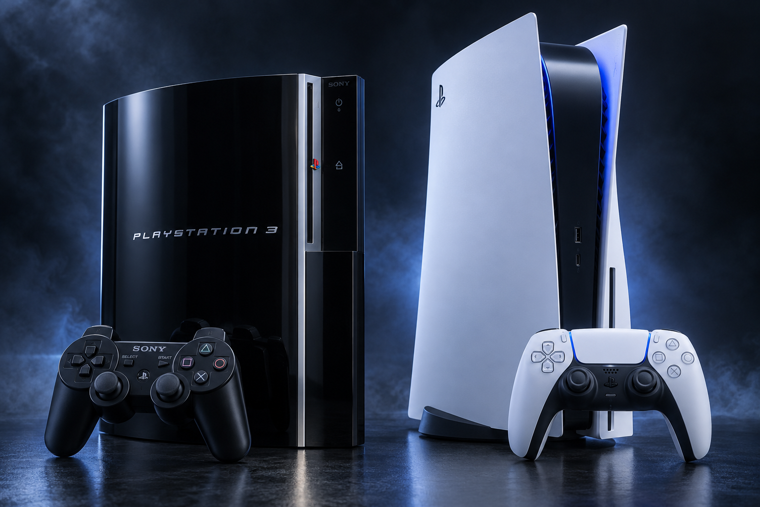 Przykładowa kompozycja czarnej PlayStation 3 i białej PlayStation 5 z kontrolerami